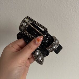 A. BROD Vintage Womens Black Edgy Western Glitter Rhinestone Gem Skinny Belt